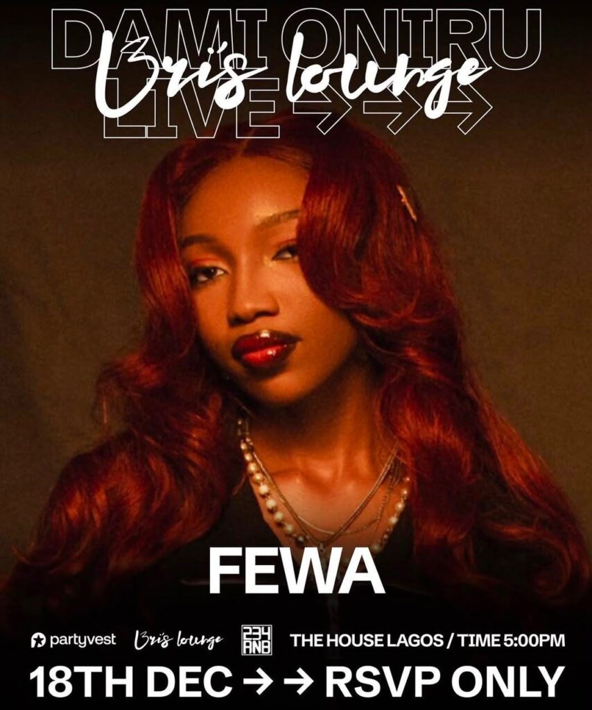 Dami Oniru Live poster: Fewa in a red top, 18 December, The House Lagos, RSVP only