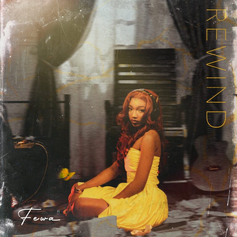 Rewind EP cover: Fewa in a yellow dress seated in a vintage room, the word Rewind written vertically