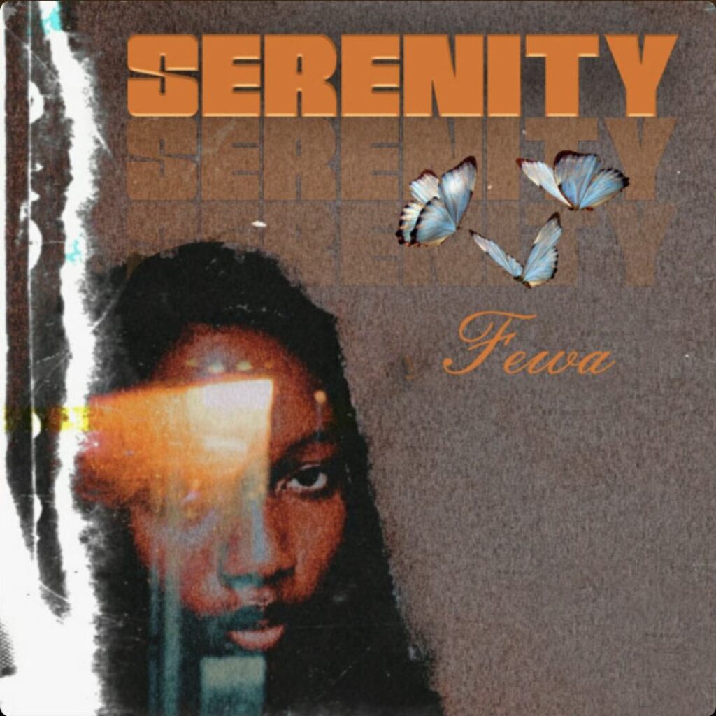 Serenity cover: collage of Fewa's face with torn paper texture and blue butterflies