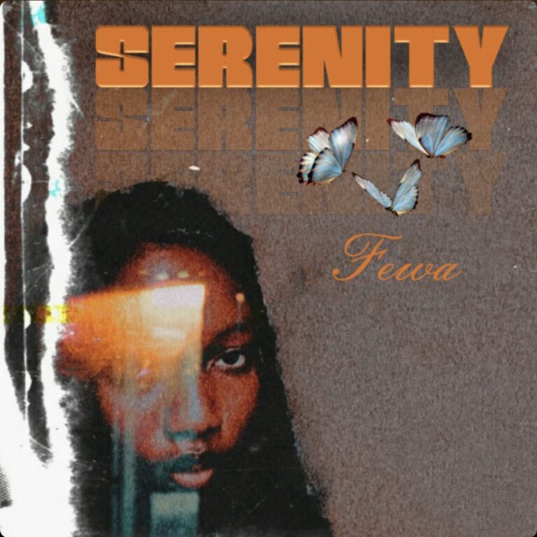 Serenity cover: collage of Fewa's face with torn paper texture and blue butterflies